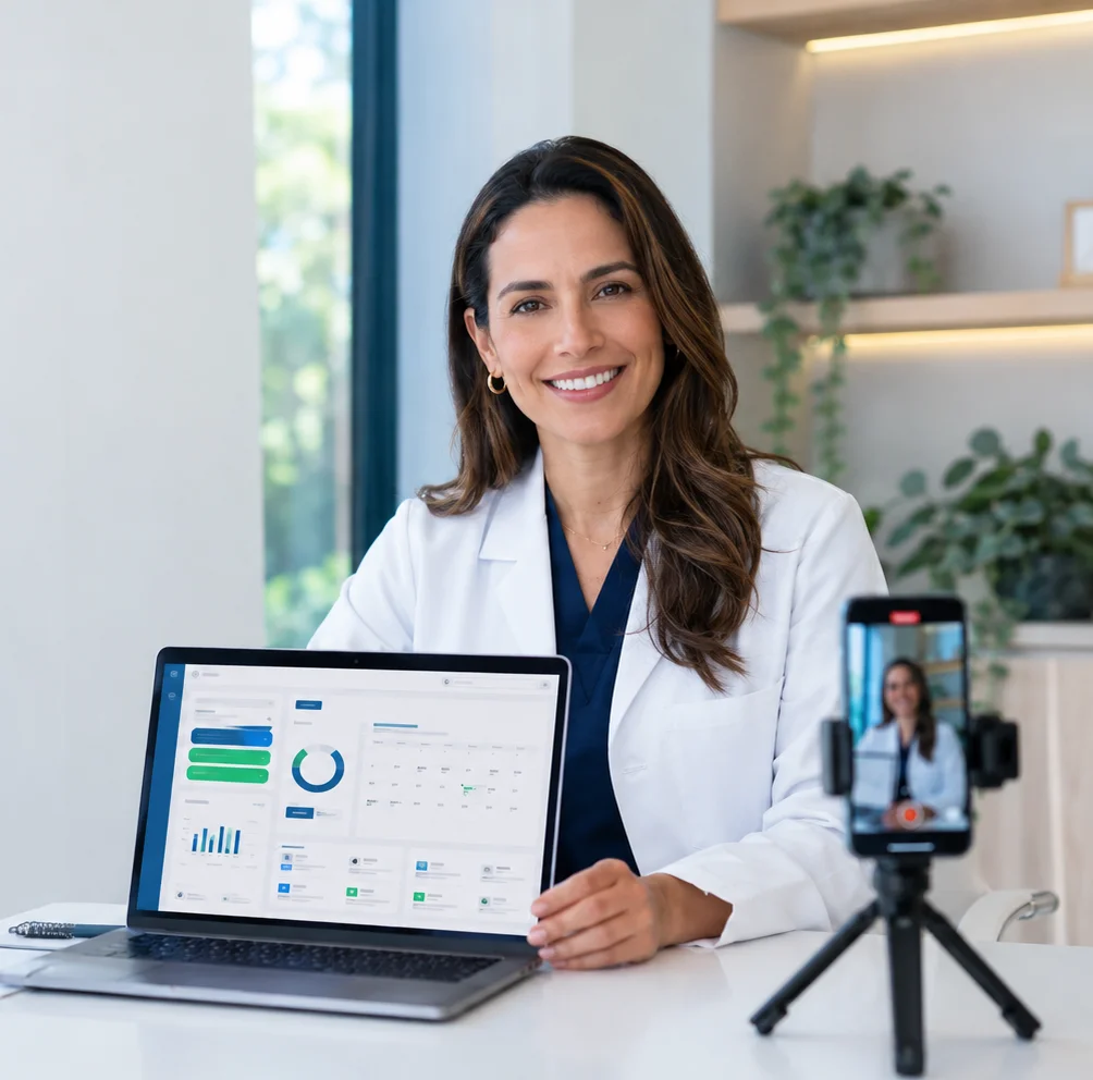 Médica usando a plataforma ImpulsaFlow Med com celular em tripé para gravação
