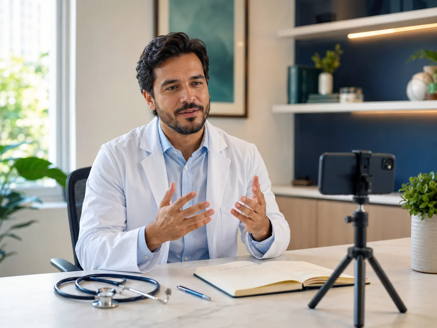 Médico gravando vídeo educativo com celular em tripé