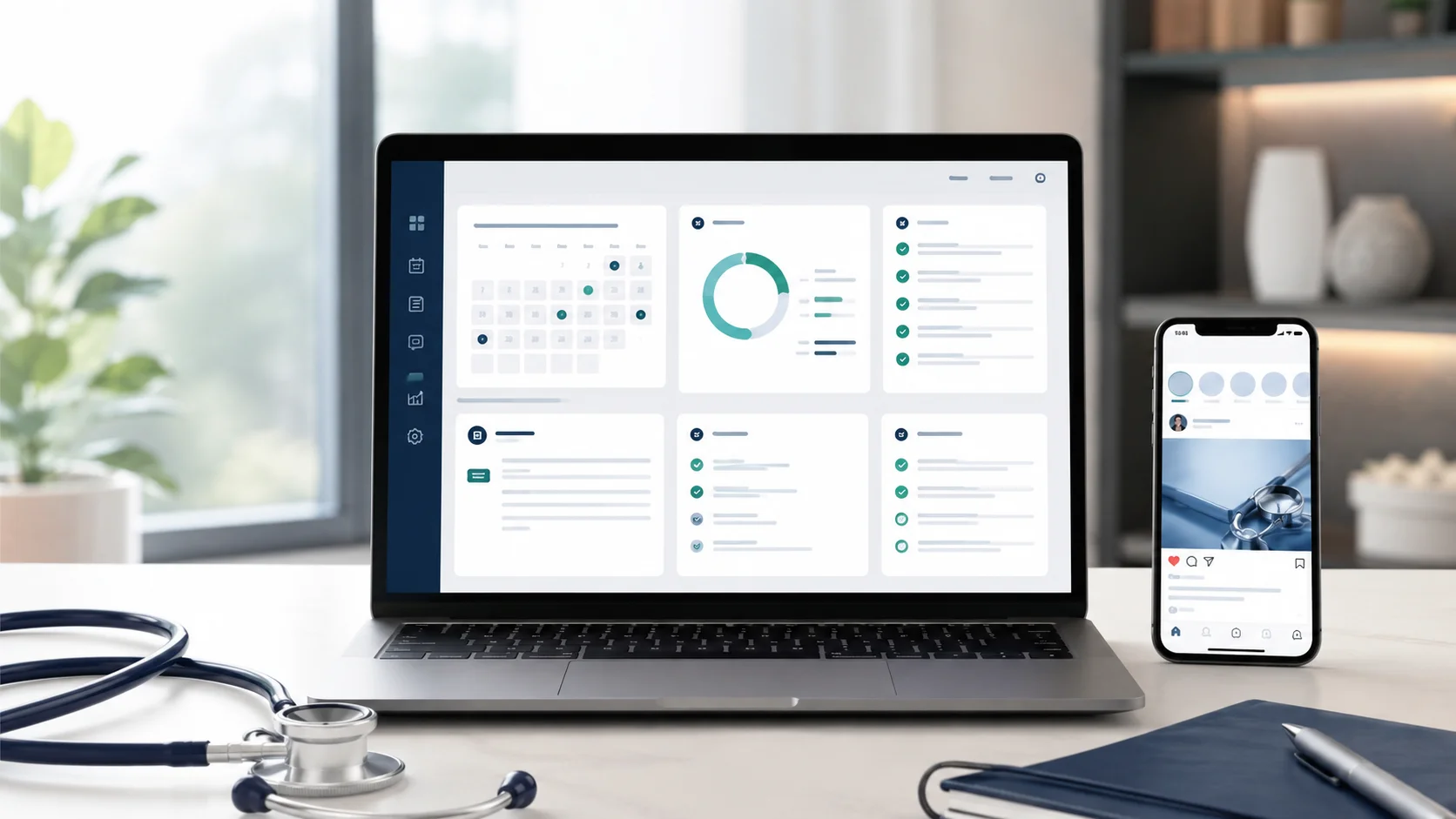 Notebook mostrando painel da plataforma ImpulsaFlow Med e celular com rede social